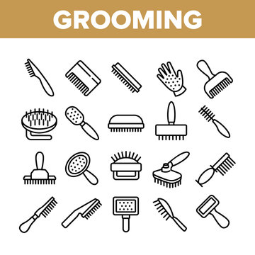 Grooming Brush For Pet Collection Icons Set Vector. Grooming Care Accessory In Different Form, Animal Cleaning Comb Tool Concept Linear Pictograms. Monochrome Contour Illustrations