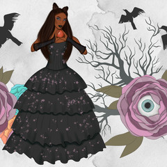 African American Witch Girl Halooween Flower Scenes Background Hand Drawn Illustration	