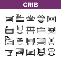 Crib Baby Infant Bed Collection Icons Set Vector. Wooden Crib With Hanging Toys, Heart Shape Mark, Comfortable Mattress For Newborn Child Concept Linear Pictograms. Monochrome Contour Illustrations