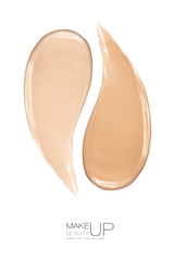 Two Cosmetic makeup strokes. Smears color swatches of liquid foundation. Vertical poster