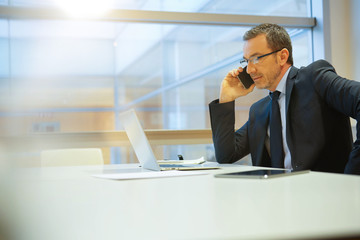 Businessman in modern office talking on phone