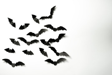 Obraz na płótnie Canvas Halloween paper decorations concept. Black paper bats on a white background. Halloween concept.