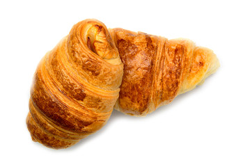 Two delicious fresh homemade croissants isolated on white background. Full dept of field . 