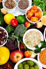 Fototapeta na wymiar Healthy vegan food. Assortment of organic foods.