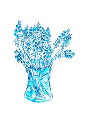 watercolor monochrome drawing bouquet of spring muscari flowers in a glass vase