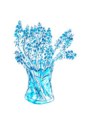 watercolor monochrome drawing bouquet of spring muscari flowers in a glass vase