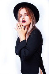 young pretty hipster girl in hat emotional posing, gesturing, fashion addict shopping people concept