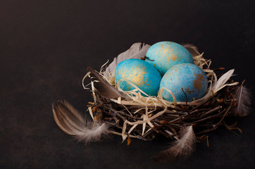 Easter eggs in a nest on dark background . Copy space, Ester holiday postcard concept.