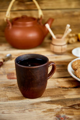 Obraz na płótnie Canvas Afternoon tea, Tea Ceremony, Teapot Honey Cups of tea with cookies