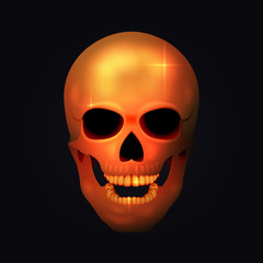 Realistic golden human skull in the dark. Vector illustration.