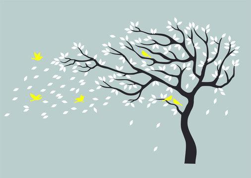 Beautiful White tree and yellow birds flying Vector illustration