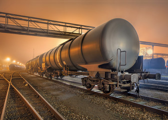 Foggy night scene with railway yard at Port of Antwerp, Belgium.