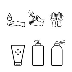 hygienic and sanitation icon set. included the icon as hand, washing, clean, Tube hand wash, Bottle hand washing liquid, Spray hand wash. Line art.