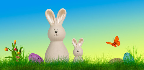 colorful easter background with bunnies and easter eggs