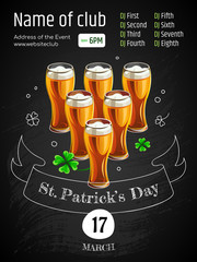 Template of Banner - Saint Patrick's day in the billiard club. Illustration with text and three glass mugs with beer on black hand drawn background.