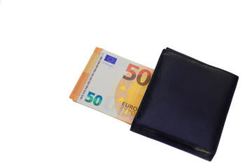 Close up of many euro banknotes inside black leather wallet isolated on white background. Saving for future life and money euros concept.