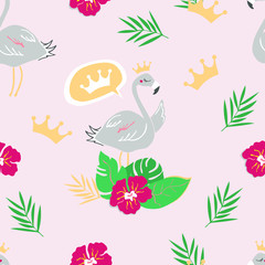 Vector flamingo seamless pattern. Flower wreath. Flowers, leaves, twigs. Tropical pattern for printing on textiles, paper, wallpaper, packaging.