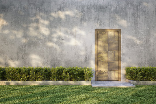 Concrete Wall And Bush With Wooden Door, Tree Shadow On Grass.3D Illustration