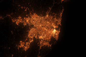 Naklejka premium Sydney top view from satellite at night. Aerial view on modern city. Urbanization concept