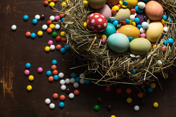 Colorful Easter eggs and chocolate candies background. Space for text