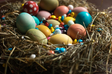 Fototapeta na wymiar Nest of colorful dyed Easter eggs and chocolate candies