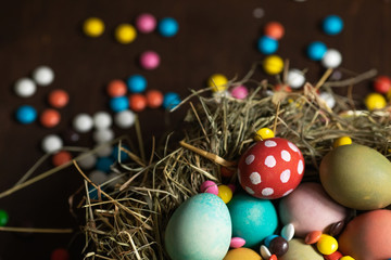Colorful Easter eggs and chocolate candies in the nest