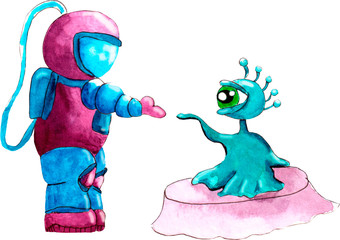 Astronaut alien friend watercolor art cartoon