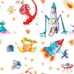 Naklejka premium watercolor cosmo alien astronaut pattern