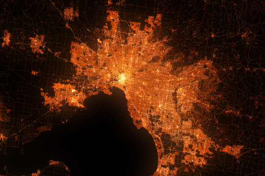 Melbourne top view from satellite at night. Aerial view on modern city. Urbanization concept