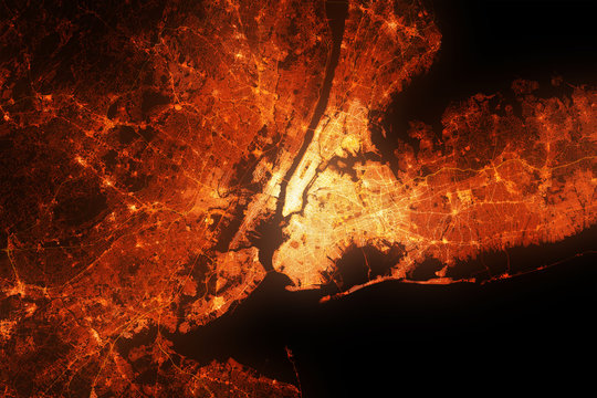 New York city top view from satellite at night. Aerial view on Manhattan. Urbanization concept