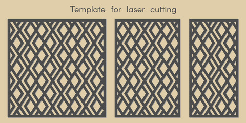 Template for laser cutting. Stencil for panels of wood, metal. Geometric pattern. Abstract background for cut. Decorative cards. Ratio 1:1, 2:3, 1:2. Vector illustration 