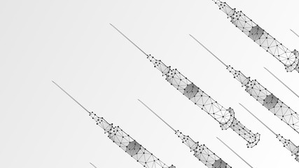 Vaccination. Syringe banner or template. Health care, concept of medical treatment. Low poly, wireframe 3d vector illustration. Abstract, polygonal image on white origami background