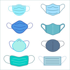 Set icon of mask protect virus. flat design of mask icon. Blue tone.