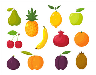 Set of juicy fruits in cartoon style . Healthy lifestyle, vegetarianism