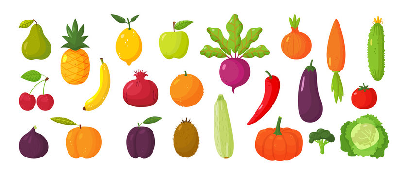Set of juicy fruits and vegetables in cartoon style . Healthy lifestyle, vegetarianism