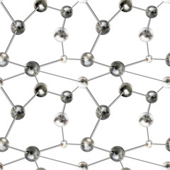 Glossy metal balls in abstract chemical structure, science seamless pattern
