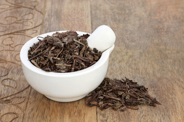 Self heal herb in a mortar with pestle used in herbal medicine to treat sore throats, internal bleeding, sores, burns, bruises & is an anti inflammatory & a mouthwash on rustic wood. Prunella vulgaris