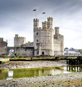 Caernarfon Castle  North Wales on the banks of the river Selont is a World Heritage site. .