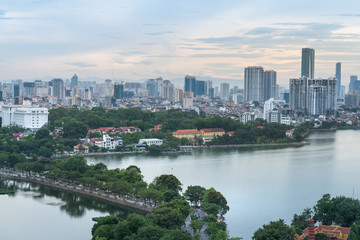 Fototapeta na wymiar Aerial view of Hanoi skyline at West Lake or Ho Tay. Hanoi cityscape at twilight