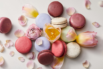 Obraz na płótnie Canvas top view of assorted delicious french macaroons with floral petals on grey background