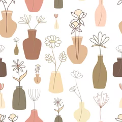 Abwaschbare Fototapete Pflanzen in Töpfen Nahtloses Muster mit abstrakten, raffinierten und trockenen Blumen in Vasen