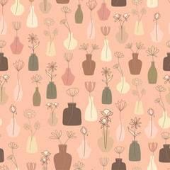 Seamless Pattern with abstract, sophisticated and dry flowers in vases