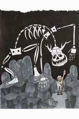 Illustration of a fantastic skeleton with horns fed by a small child.