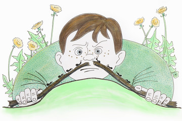 Illustration of a boy watching the movement of ants on a branch on the ground.