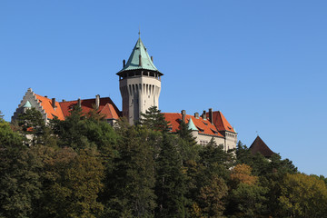Fototapeta na wymiar Romantic castle - fortress with tower in the forest. Smolenice castle, Congress Center of SAS - built in 15th century, Little Carpathian (SLOVAKIA)