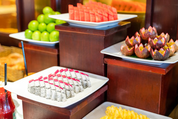 Fresh fruits on buffet table in restaurant