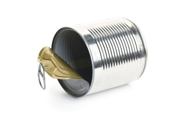 Opened metal tin can, isolated on white background