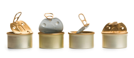 A lot of uncovered metal tin cans isolated on a white background