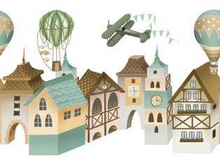 Seamless illustration of bavarian houses, retro airplanes and hot airballoons in the sky, festive old town street, hand drawn on white backround