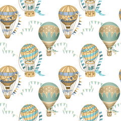 Seamless pattern with hand drawn festive hot air balloons on a white background